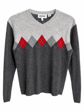 Vintage Y2K Esprit Argyle V-Neck Sweater Size M Red Grey Cashmere Wool mix